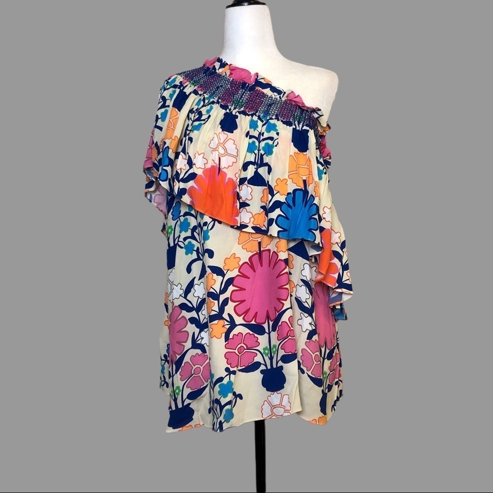 💛 3X 💛 NWT Anthro Top One Shoulder Frilly Print Feminine Tropical Floral